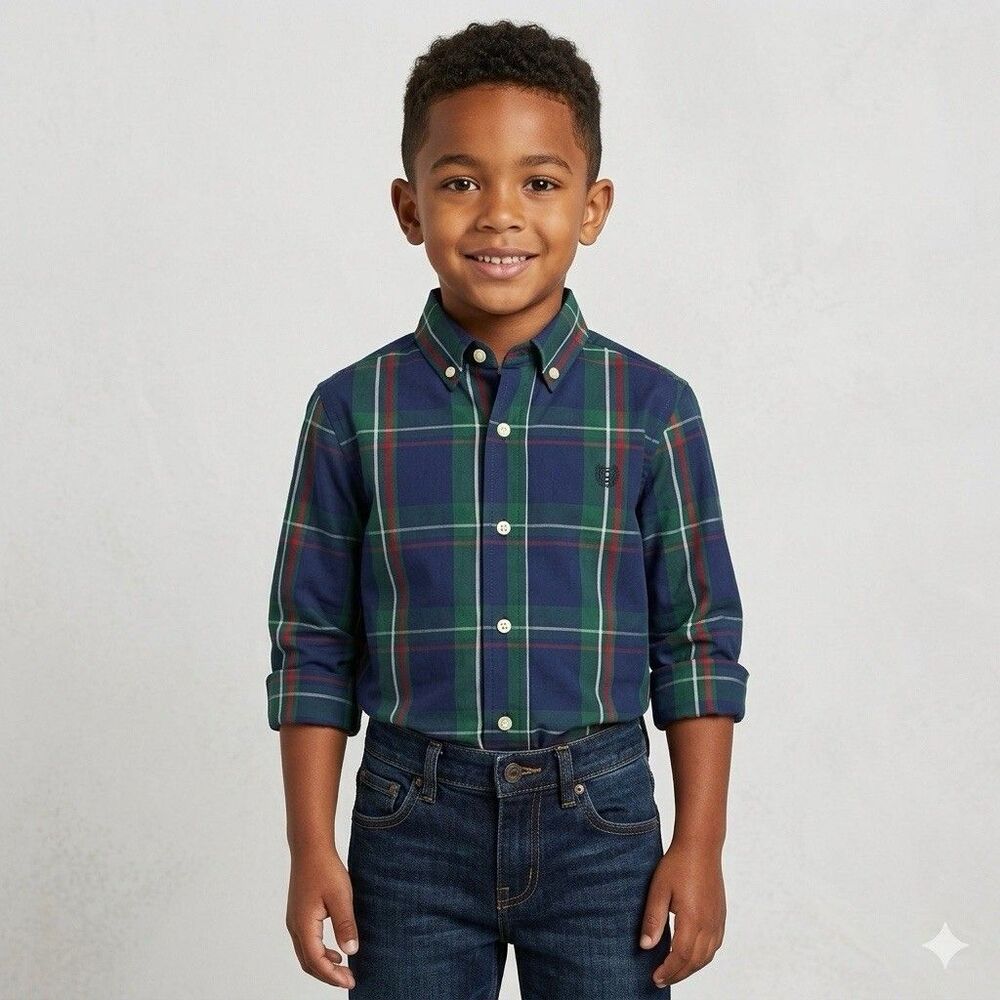 Chaps Youth XS 6/7 Button Down Shirt Stretch Long Sleeve Plaid Green Blue NEW